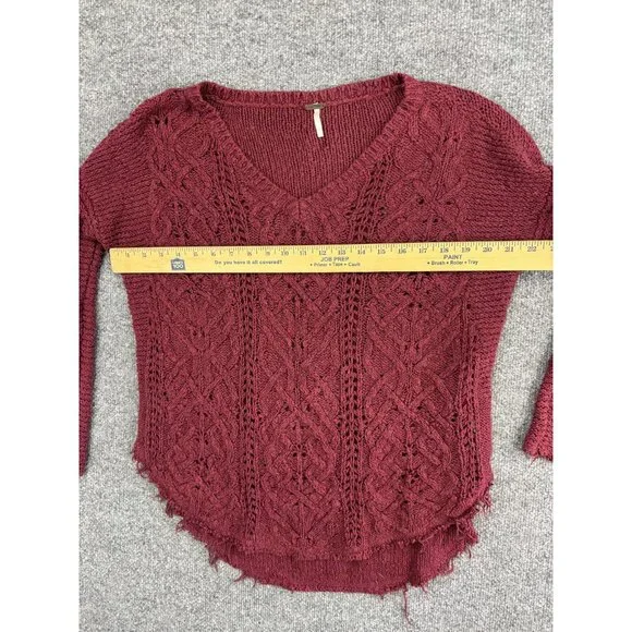 Free People Sweater Womens XS Burgundy V Neck Distressed Knit Pullover Boho - Picture 3 of 7